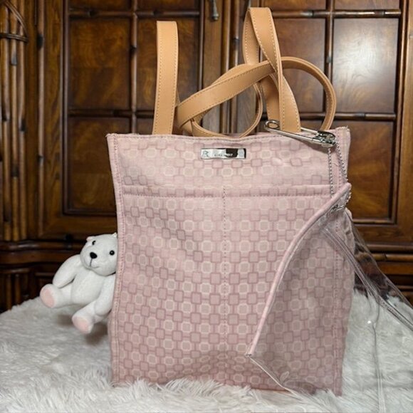 Nine West Pink Geo Canvas Bag + Bear Charm + Bottle Carrier + Clear Clip Pouch - Picture 3 of 15